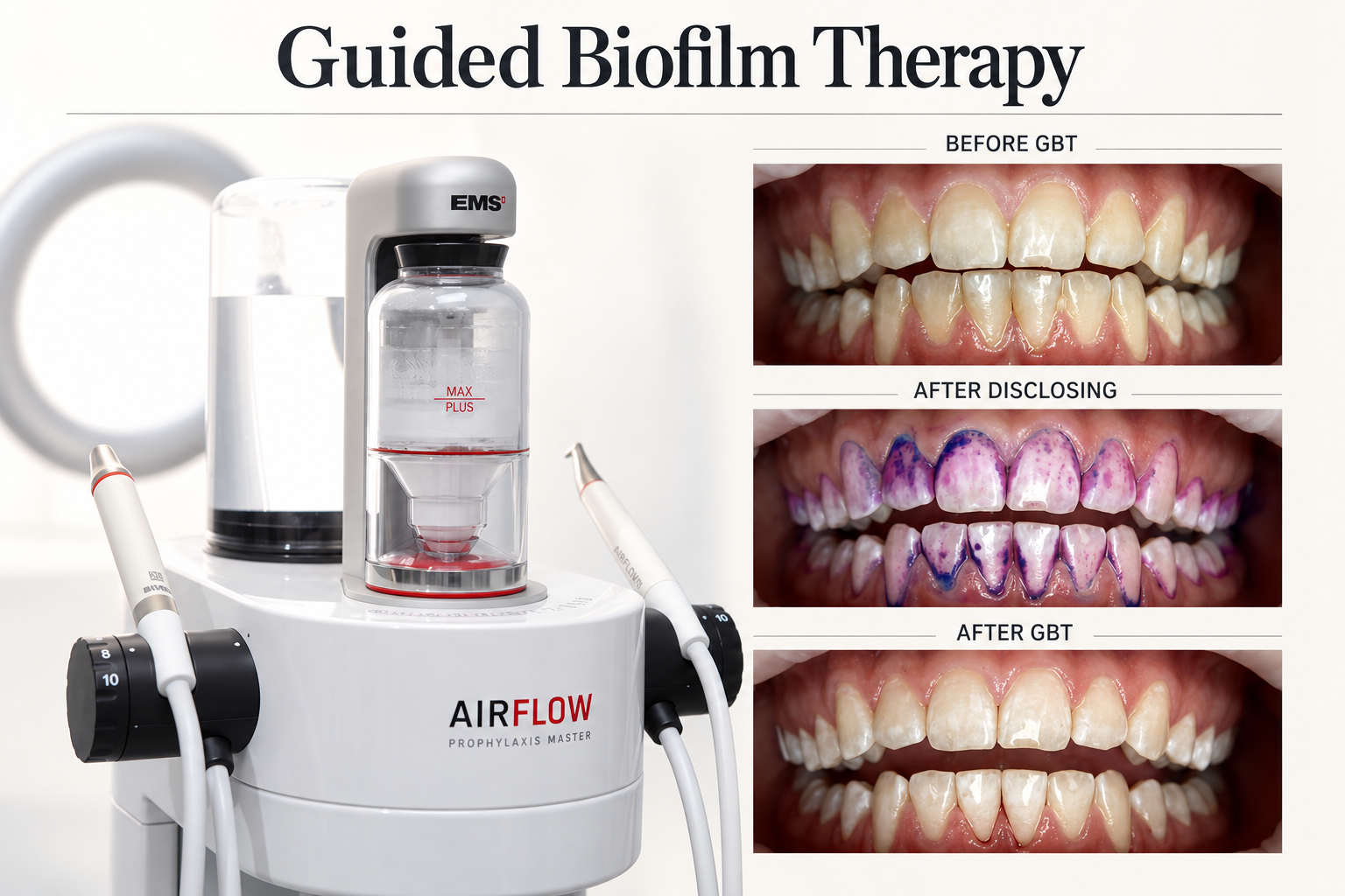 Guided Biofilm Therapy graphic showing an EMS AIRFLOW device and teeth before cleaning, after biofilm disclosure, and after cleaning.